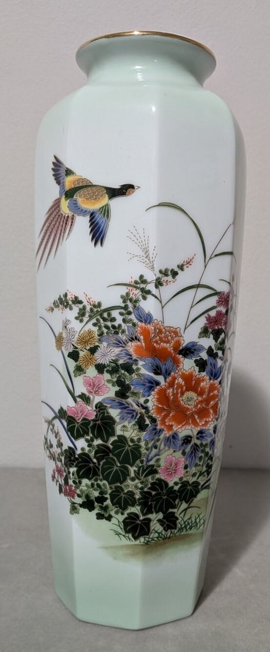 Vintage Meito Japan Porcelain 10" Tall Hexagonal Vase Pheasant Peony Signed